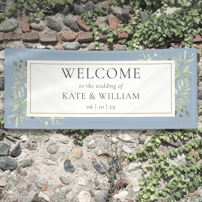 Banderoles Dusty Blue Greenery Foliage Mariage Bienvenue (Dusty Blue Greenery Foliage Wedding Welcome Banner)
