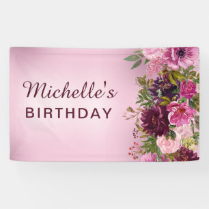Banderoles Elégant Anniversaire Fleurs Roses Violettes Roses 
