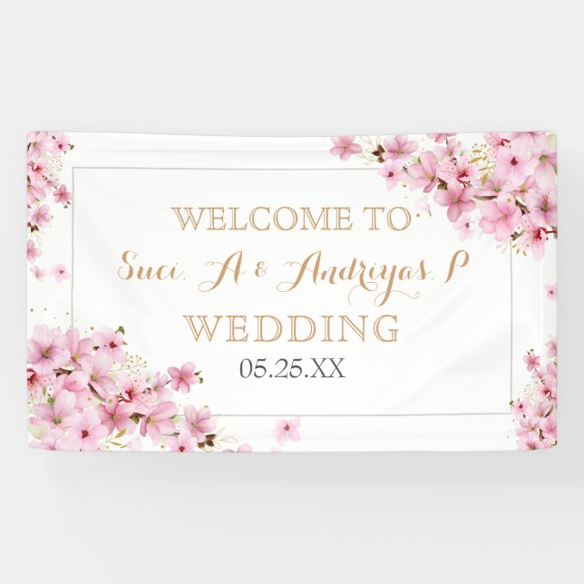 Banderoles Elégant Aquarelle Cerisier Fleur Printemps Mariage (Horizontal)