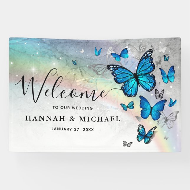 Banderoles Elégant arc-en-ciel bleu papillon Mariage Bienvenu (Horizontal)