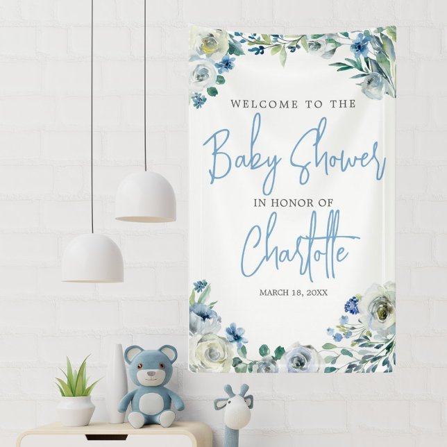 Banderoles Élégant Baby shower de bienvenue Floral Bleu (Créateur téléchargé)