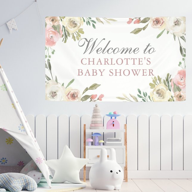 Banderoles Elégant Baby shower de printemps rose Floral Bienv (Créateur téléchargé)