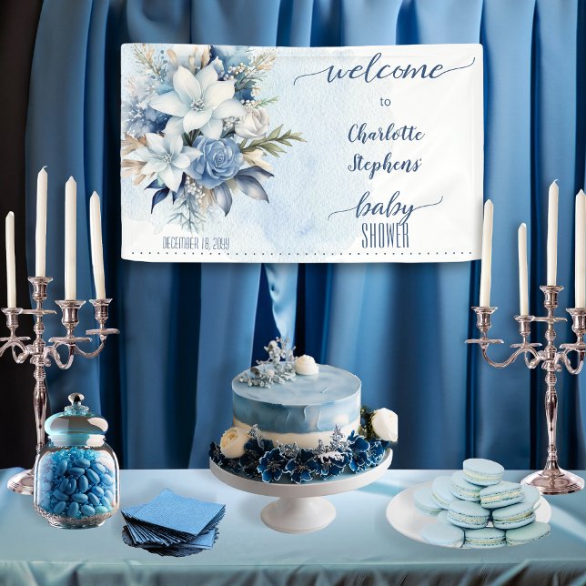 Banderoles Elégant Baby shower Floral d'hiver bleu (Elegant Blue Winter Floral Boy Baby Shower Welcome Banner)