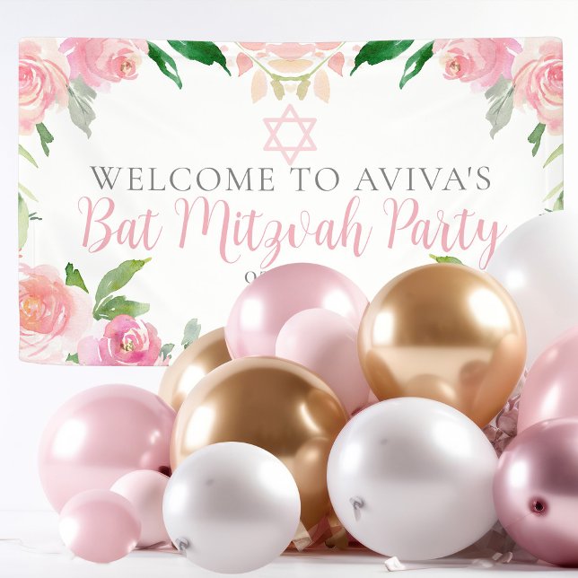 Banderoles Elegant Bat Mitzvah Party Personalized Pink Floral (Créateur téléchargé)