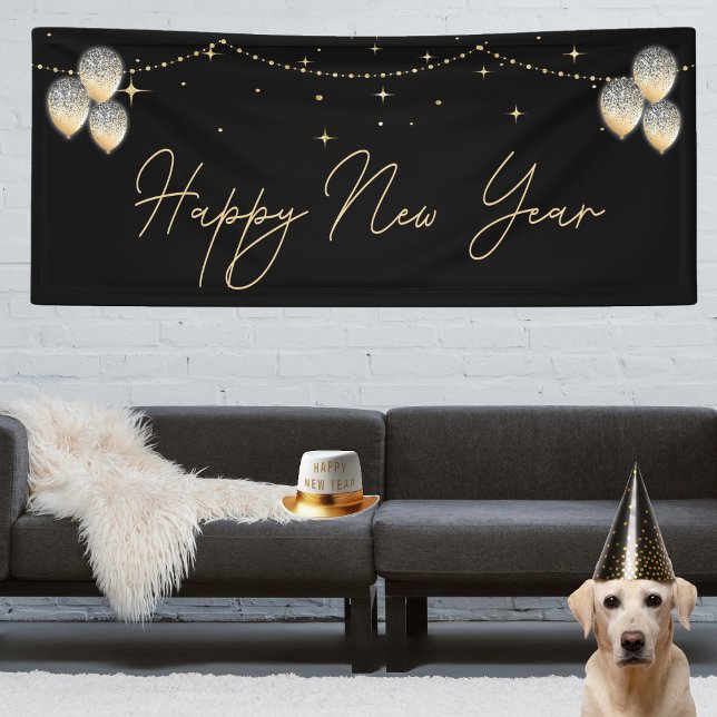 Banderoles Elégant Black Gold Balloon Bonne année (Chic black and gold Happy New Year party banner. twinkling accents, ideal for holiday celebration)