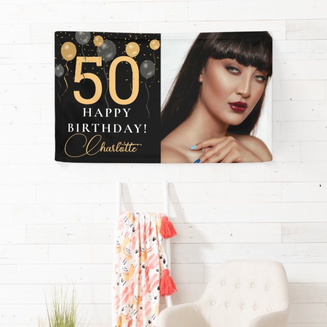 Banderoles Elégant Black & Gold Balloons Photo Anniversaire (En situation)