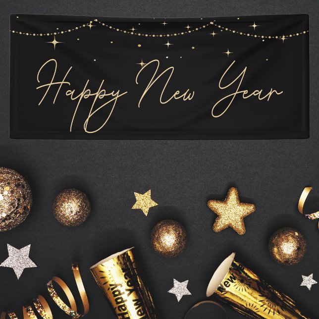 Banderoles Elégant Black Gold Bonne année (Elegant black and gold Happy New Year banner with sparkling lights, perfect for festive party décor.)