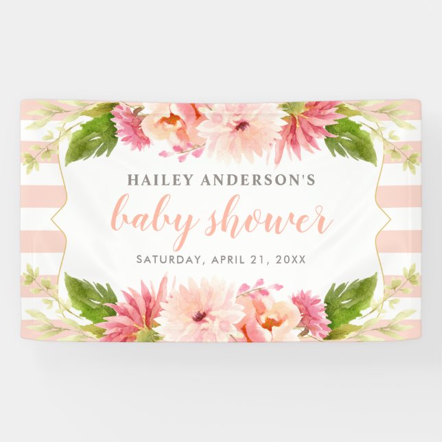 Banderoles Elégant Blush Floral Aquarelle Bébé Fille Douche (Horizontal)