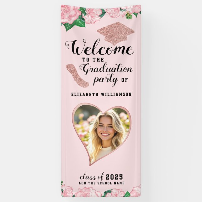 Banderoles Élégant Blush Rose Floral Graduation Bienvenue (Vertical)