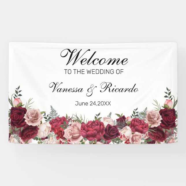 Banderoles Elégant Burgundy Blush Floral Mariage Bienvenue (Horizontal)