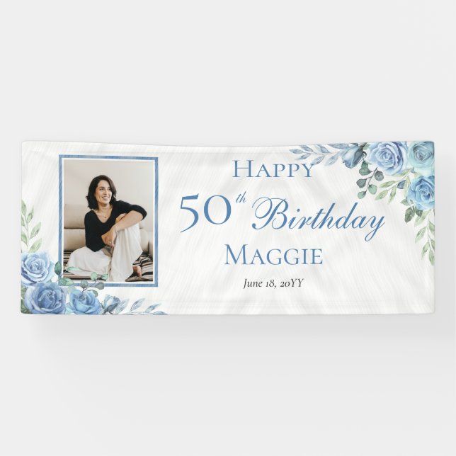 Banderoles Elégant cadre Floral Rose bleu 50ème anniversaire  (Horizontal)