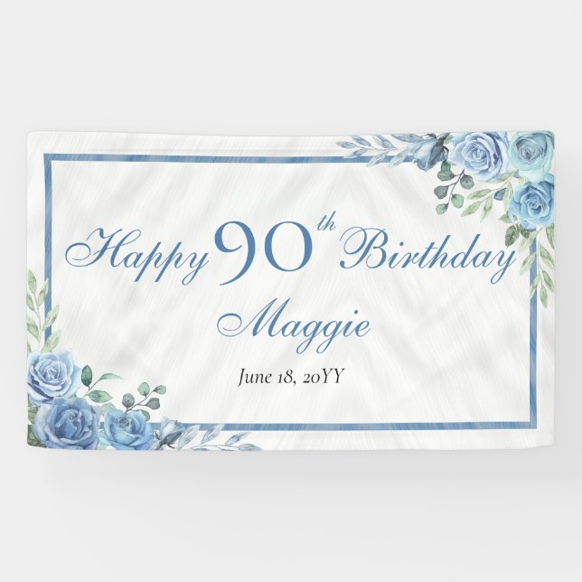 Banderoles Elégant cadre Floral Rose bleu 90e fête d'annivers (Horizontal)