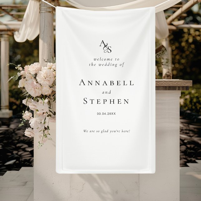 Banderoles Élégant, Classique, Monogramme, Blanc-Noir, Mariag (Elegant, Classic, Monogram, White-Black, Wedding Banner with your Name & Date.)