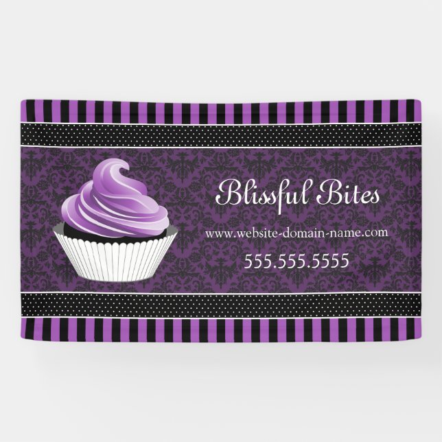 Banderoles Elégant Cupcake pourpre damassé (Horizontal)