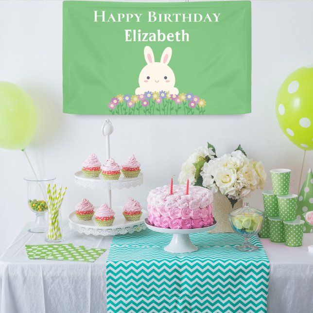 Banderoles Elégant Cute Kawaii Bunny & Fleurs Joyeux Annivers (Créateur téléchargé)