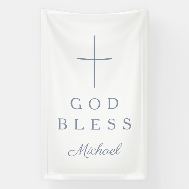 Banderoles Elegant Dusty Blue Religious Cross Boy God Bless (Verticale)