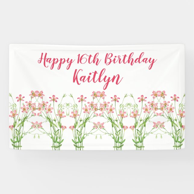 Banderoles Élégant Fleurs sauvages roses 16e anniversaire per (Horizontal)