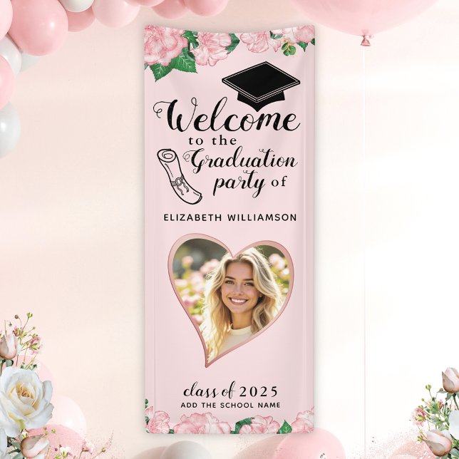 Banderoles Élégant Floral Blush Pink Graduation Bienvenue (Créateur téléchargé)