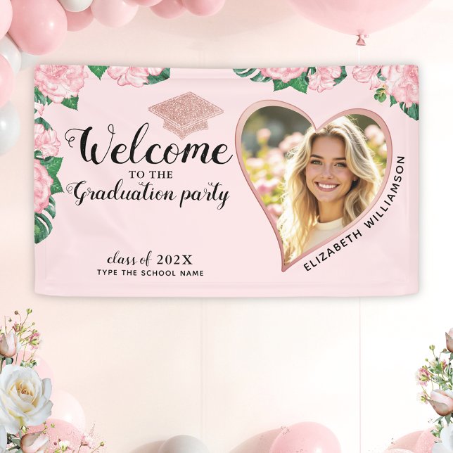 Banderoles Élégant Floral Blush Pink Graduation Bienvenue (Créateur téléchargé)