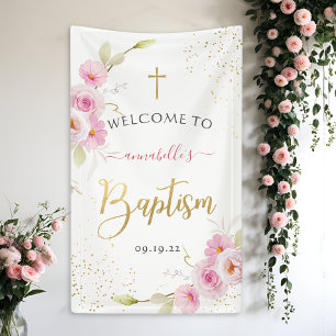 Banderoles Élégant floral fille Baptême Bienvenue