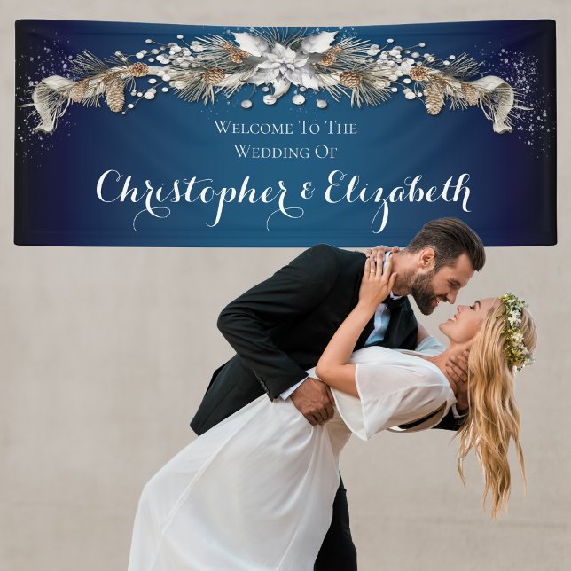Banderoles Elégant Mariage d'hiver Silver Floral Bienvenue (Winter themed wedding welcome banner with names. Elegant gold and blue tones. Floral swag,)