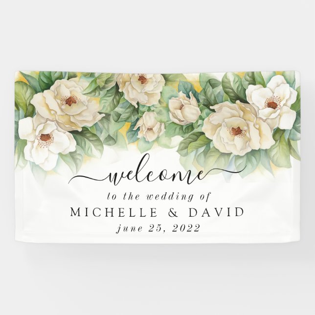 Banderoles Elégant Mariage Floral Magnolia Aquarelle Bienvenu (Horizontal)