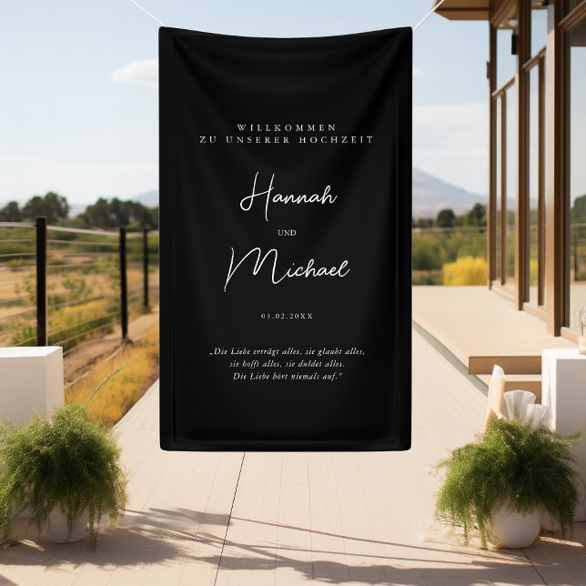 Banderoles Élégant, noir, "Bienvenue à notre mariage" (Elegant, Black, Minimal Wedding "Welcome Banner" with your name, date & place for personal words.)