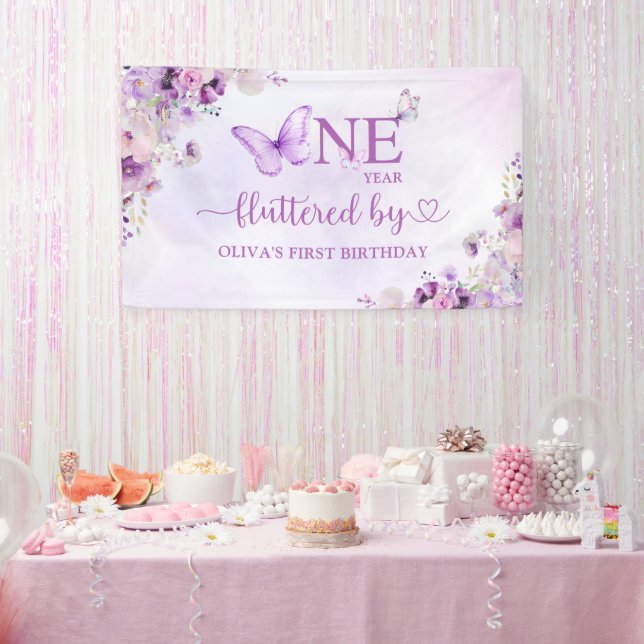 Banderoles Elégant papillon violet 1er anniversaire fête (Fête)
