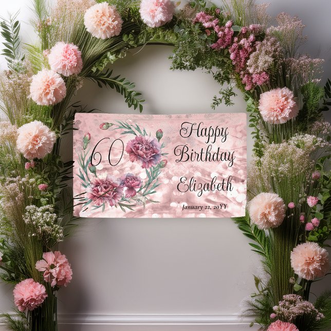 Banderoles Elegant Pink Carnations 60th Birthday Party  (Elegant Pink and Mauve Carnations 60th Birthday Party 3 ft x 5 ft Banner)