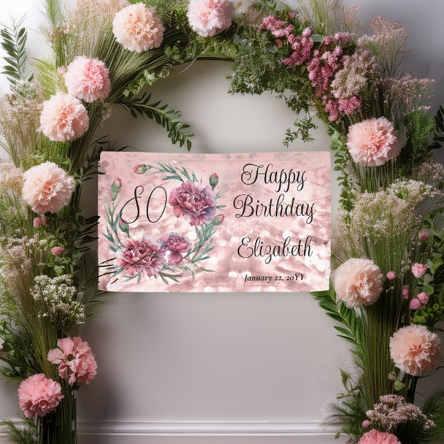 Banderoles Elegant Pink Carnations 80th Birthday Party  (Elegant Pink and Mauve Carnations 80th Birthday Party 3 ft x 5 ft Banner)