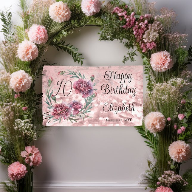 Banderoles Elegant Pink Carnations 90th Birthday Party  (Elegant Pink and Mauve Carnations 90th Birthday Party 3 ft x 5 ft Banner)