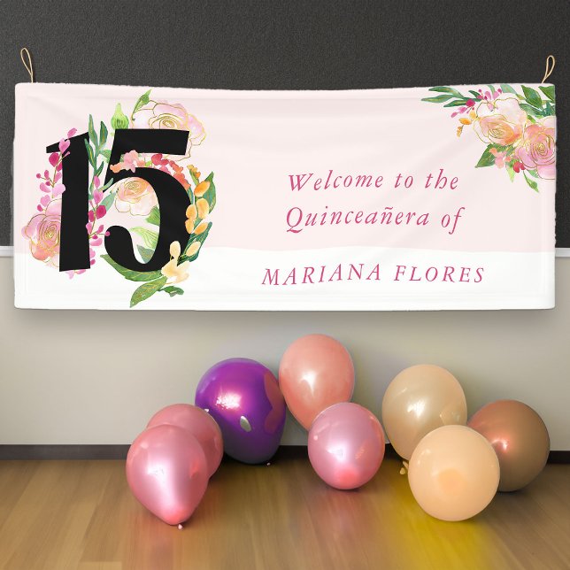 Banderoles Élégant Quinceanera Blush rose floral Numéro 15 (15th Birthday Welcome Banner from my Floral Chic Quinceanera Collection
)