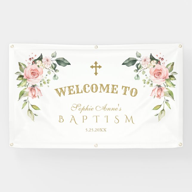Banderoles Élégant rose Fleurs de Baptême Affiche de bienvenu (Horizontal)