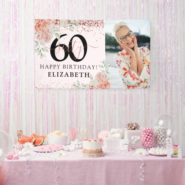 Banderoles Elégant rose floral 60e anniversaire Photo (Fête)