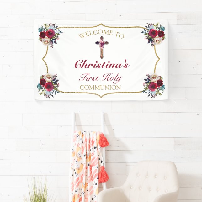 Banderoles Élégant Rose Floral Gold First Holy Communion (En situation)