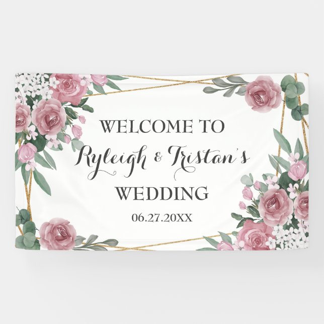 Banderoles Elégant Rose Floral Greenery Mariage or fond (Horizontal)