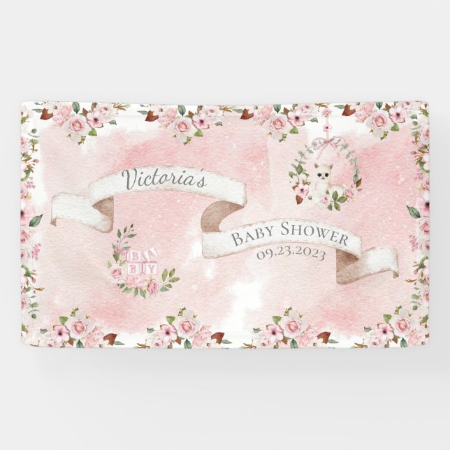 Banderoles Élégant rose Floral Nom Fille Baby shower (Horizontal)