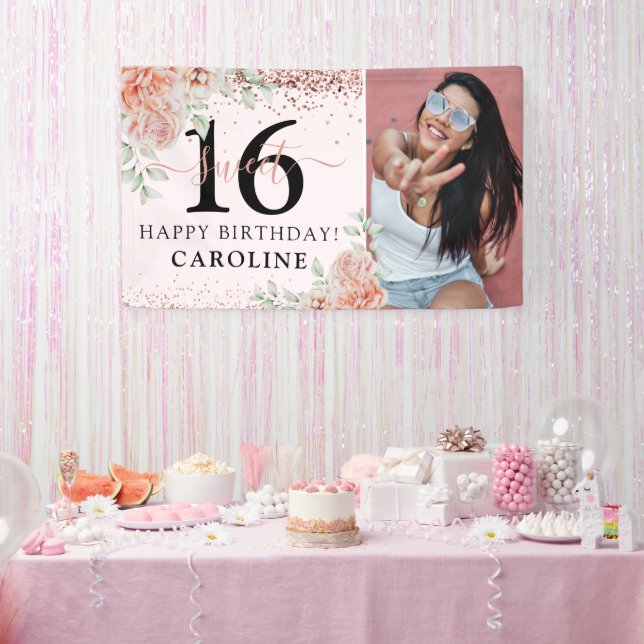 Banderoles Élégant rose Floral Sweet 16 Anniversaire Photo (Fête)