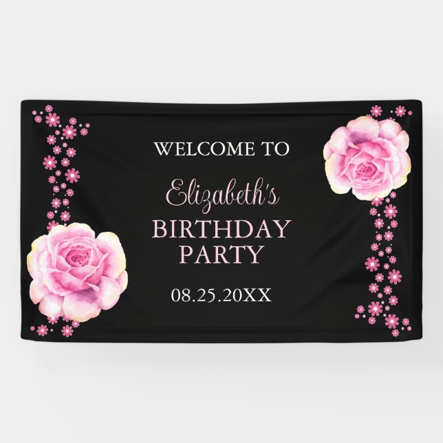 Banderoles Elégant rose rose Floral Noir Anniversaire Bienven (Horizontal)