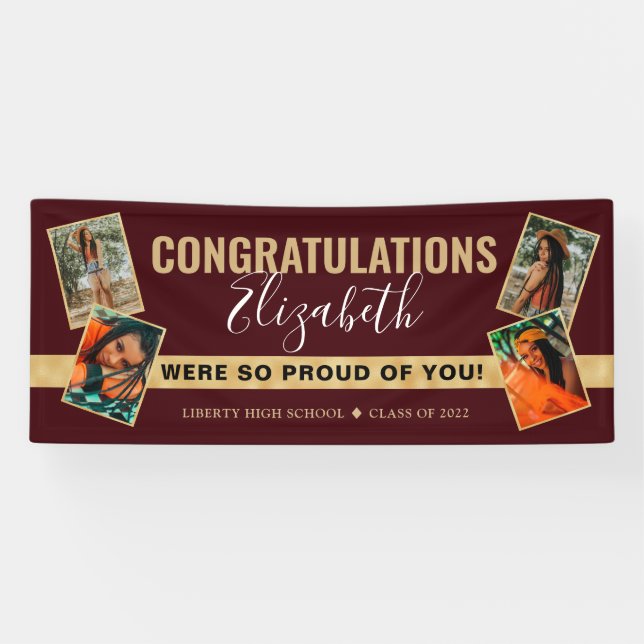 Banderoles Elégant Rouge Or photo Collage Graduation (Horizontal)