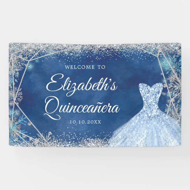 Banderoles Elégant Silver Navy Noël Flocon de neige XV Años (Horizontal)