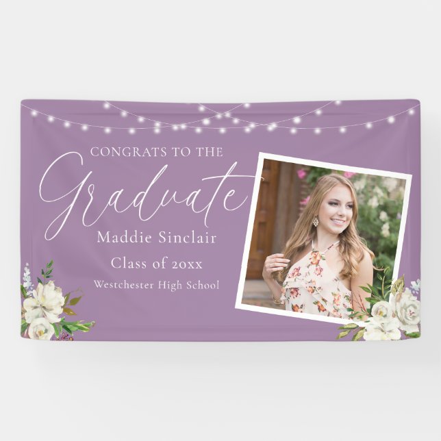 Banderoles Élégant violet photo Floral Graduation (Horizontal)
