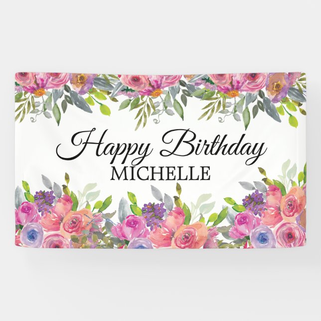 Banderoles Élégant violet rose floral joyeux nom anniversaire (Horizontal)