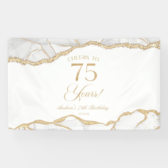 Banderoles Elegant White Gold Agate 75th Birthday Party (Horizontal)