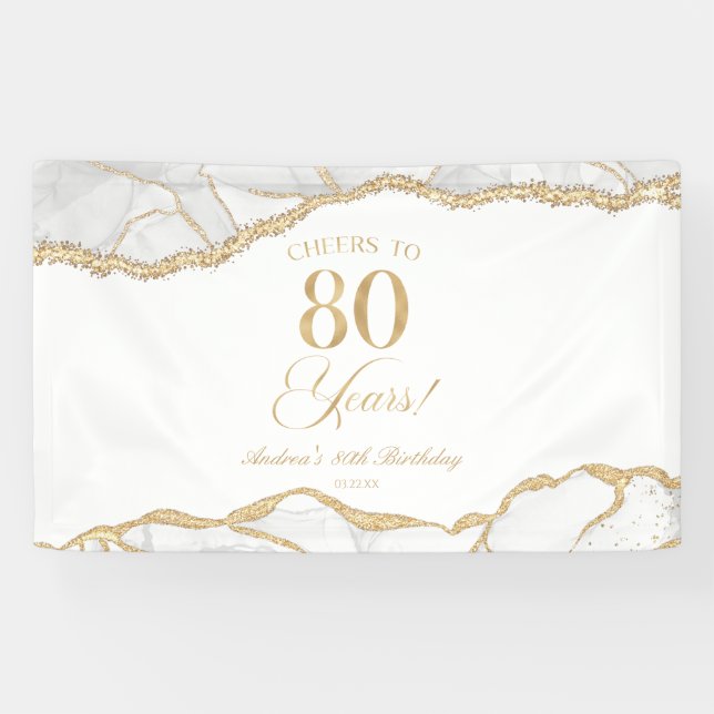 Banderoles Elegant White Gold Agate 80th Birthday Party (Horizontal)