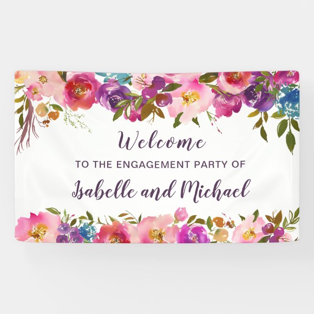 Banderoles Elégante aquarelle Floral Engagement Party Bienven (Horizontal)