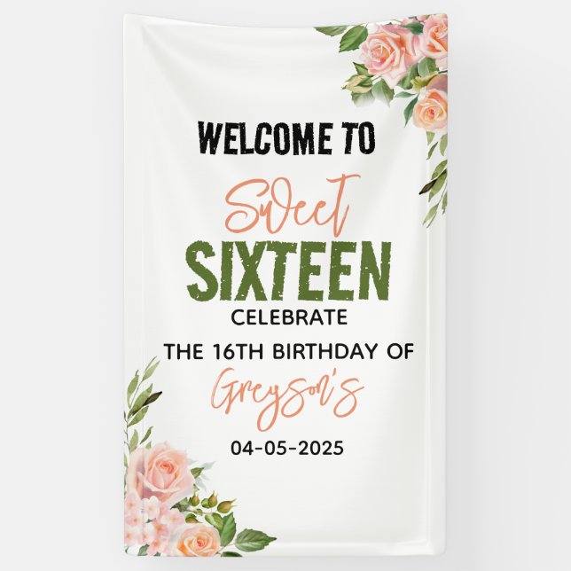 Banderoles Elégante aquarelle Sweet sixteen floral (Vertical)