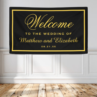 Banderoles Élégante Bienvenue de Mariage Noir et Or