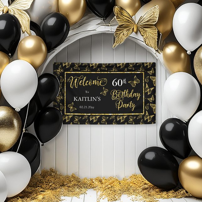 Banderoles Elégante Black Gold Butterflies 60e fête d'anniver (Elegant Black and Faux Gold Glitter Butterflies 60th Birthday Party Banner)