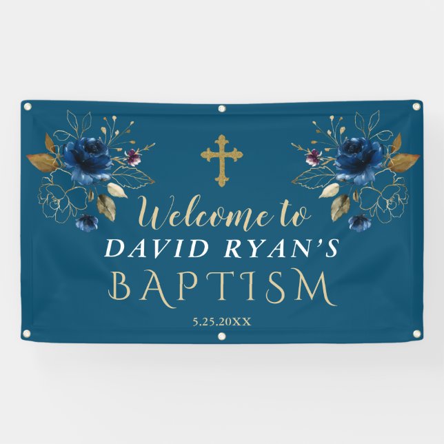 Banderoles Elégante Blue Gold Flowers Baptême Affiche de bien (Horizontal)